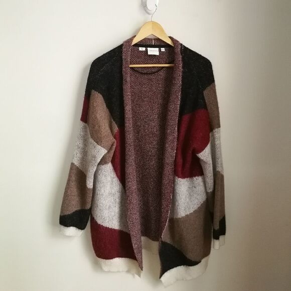 Junarose Abstract Color Block Print Open Front Chunky Knit Cardigan Plus Size 0X - Picture 3 of 12